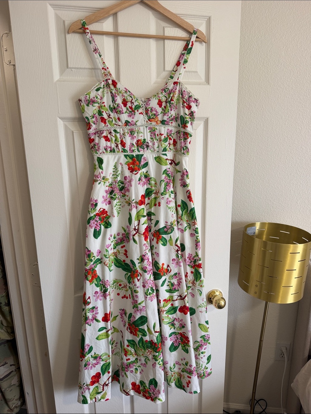 Taylor White Midi Dress with Pink, Green & Red Floral Print